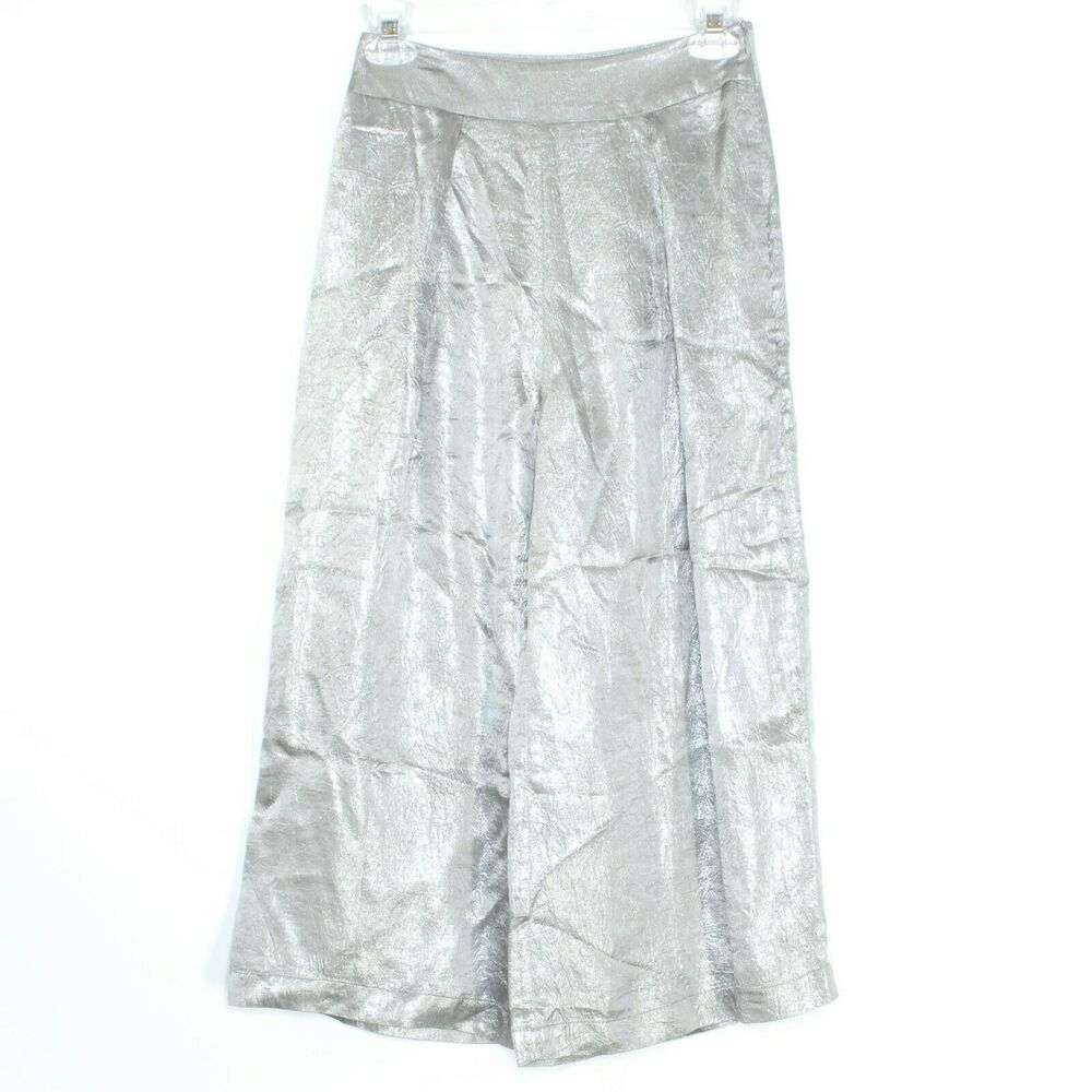 JOA Womens Pants Lurex Crinkle Culottes Shimmery Wide Leg Crop Silver Size XS EW